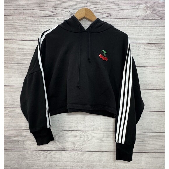 Adidas Her Studio London Women's Cherry Girl Hoodie Sz S Black Cropped Oversized - Picture 1 of 5